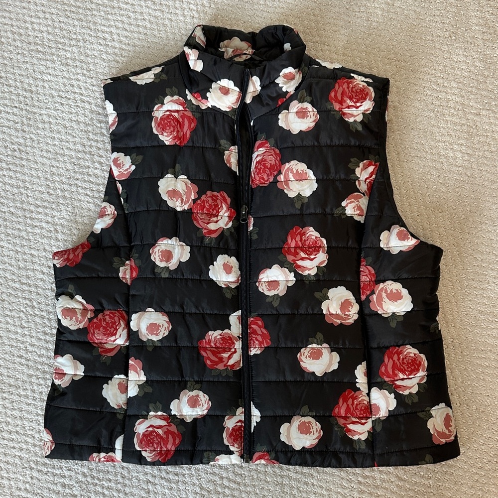 LOFT Black Floral Puffer Vest